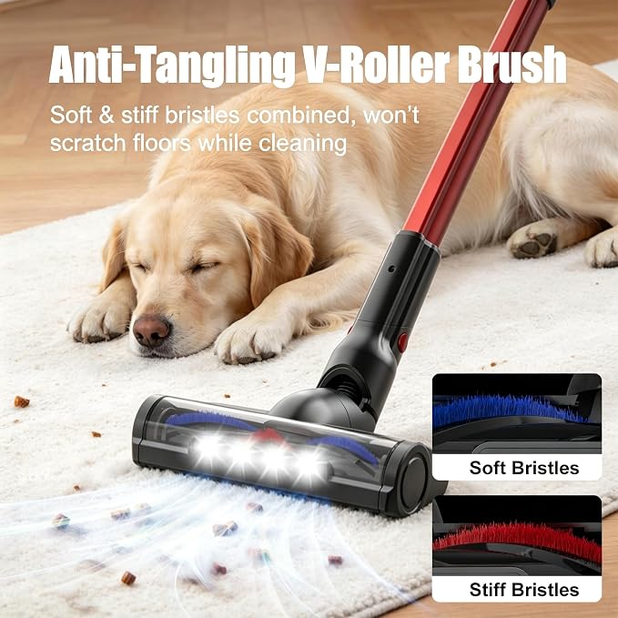 Cordless Stick Vacuum Cleaner, Powerful Suction Anti-Tangle Brush Vacuum with LED Headlight, Lightweight Vacuum Cleaner for Hardwood Floor Carpet Pet Hair (Red)
