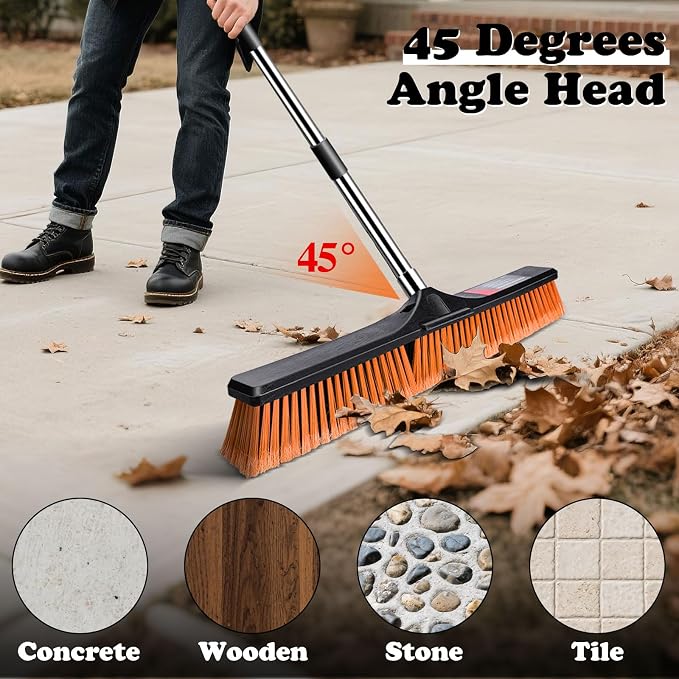 MASTERTOP 24" Heavy Duty Push Broom with Ultra-Sturdy Adjustable Handle, 6-Layer Stiff Bristles Garden Yard Broom, Outdoor Sweeping Brush for Garage, Patio, Driveway, Warehouse, Deck, Tile & Concrete