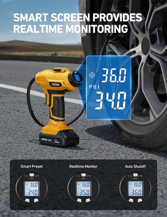 AstroAI Cordless Tire Inflator Air Compressor 20V Rechargeable Battery Powered 160PSI Portable Air Pump with 12V Car Power Adapter Digital Pressure Gauge for Cars Motorcycles （C2）Yellow