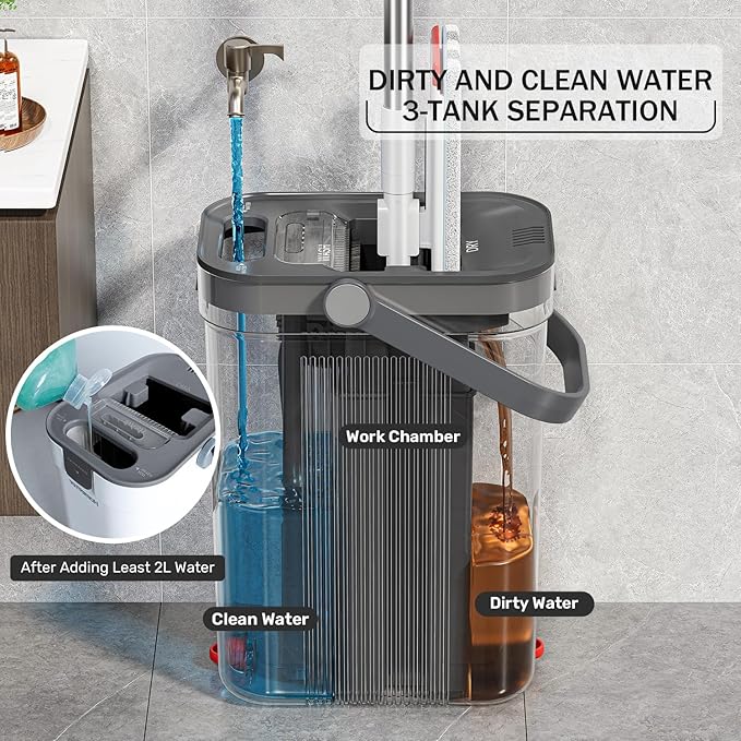 HoMettler Mop and Bucket Set, 3-Tank Flat Mop and Bucket System for Separate Dirty & Clean Water, 65" Mops for Floor Cleaning with 8 Washable Pads, Safe for Hardwood, Vinyl, Tile, Baseboards, Walls