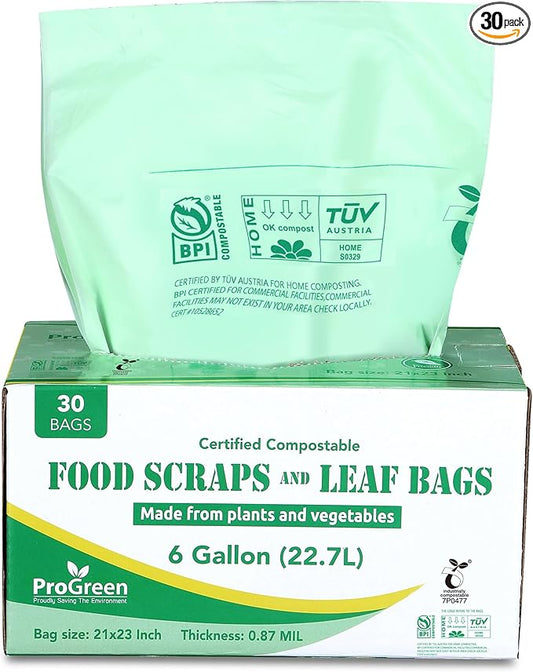 Compostable Trash Bags, Extra Thick, Compost Kitchen Bin Bags, Food Scraps Yard Waste Bags, ASTM D6400 BPI and TÜV AUSTRIA Certified (6 Gallon, Pack of 30)