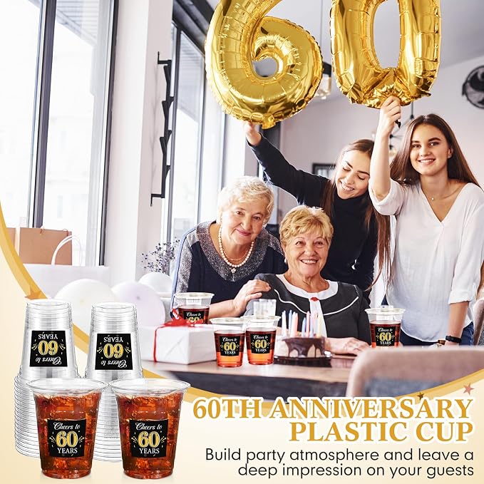 Funnymoom 100 Pack 60th Birthday Cup 12 oz Cheers to 60 Years Happy Birthday Disposable Clear Plastic Cups for Him Men Women Wedding Anniversary Decorations Party Favors
