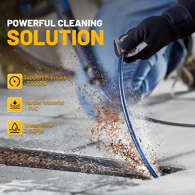 Sewer Jetter Kit for Pressure Washer 150ft – 5800PSI Drain Cleaning Hose 1/4 Inch NPT Corner with Watering Spray Nozzle, Rotating and Button Hose Sewer Jetting Nozzles & Easy-to-Store Strap