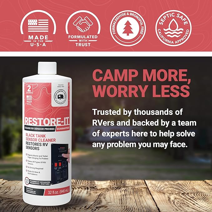 Unique Restore-It RV Sensor Cleaner Liquid – Cleans Dirty Sensor Probes for Misreading Black Tank Sensors – 2 Treatments (32 oz) Amazon-Exclusive Packaging