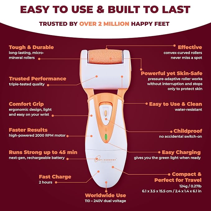 Rechargeable Callus Remover for Feet: Professional Electric Feet Sander for Women by Own Harmony - Electronic Foot File CR900 with 3 Rollers, Foot Grinder Pedi Care for Cracked Heels & Dry, Hard Skin