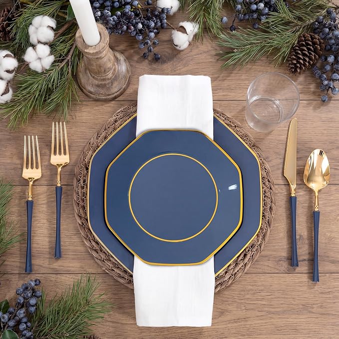 KIRE 140Pcs Blue Plastic Plates with Gold Rim - Gold Disposable Plastic Silverware with Blue Handle&Clear Cups&Hand Napkin - Geometric Party Plates for Memorial Day/Party/Graduation/Father's Day