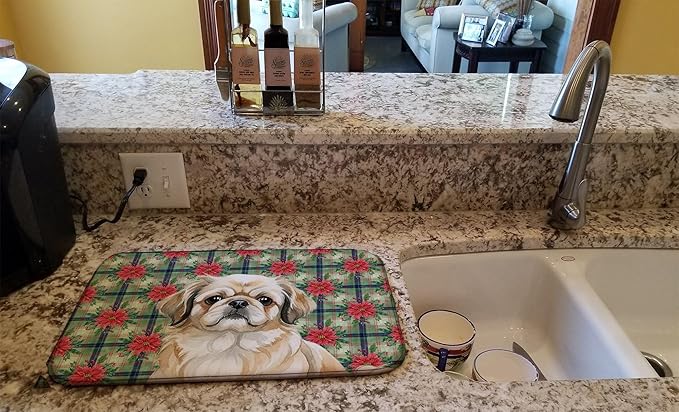 Caroline's Treasures Fawn Pekingese Christmas PoinsettIas Dish Drying Mat Absorbent Dish Drying Mat Pad for Kitchen Counter Dish Drainer Mat for Countertop, 14 x 21", Multicolor