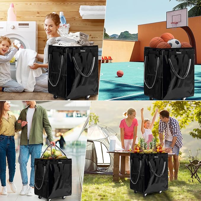 (Large, Black) Reusable Grocery Bag on 5 Wheels, Foldable Rolling Tote Carries Up to 110lb Shopping Trolley, Rolling Bag with 3 Handles, Zipper Clouser Rolling Tote Bag with Wheels for Laundry