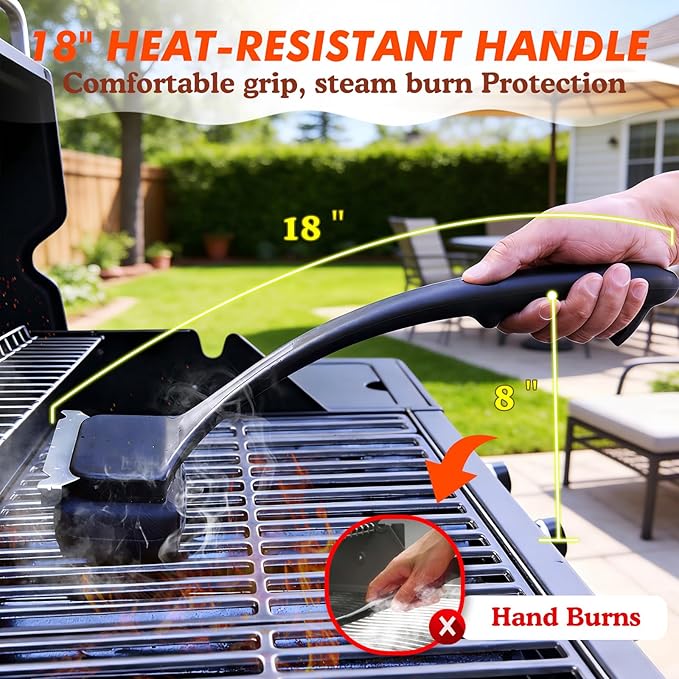 Grill Brush for Outdoor Grill, Steam Grill Cleaner Bristle Free with Scraper, Replaceable Cleaning Head & Heat-Resistant Handle, Grilling Gift for Dad, Men - Black