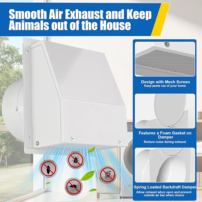 6 Inch Wall Vent with Screen & Damper, 6" Dryer Exhaust Vent Cover Cap Kit for Outdoor Laundry Room Kitchen Range Hood Vent Dryer Air Vent,Galvanized Steel - White