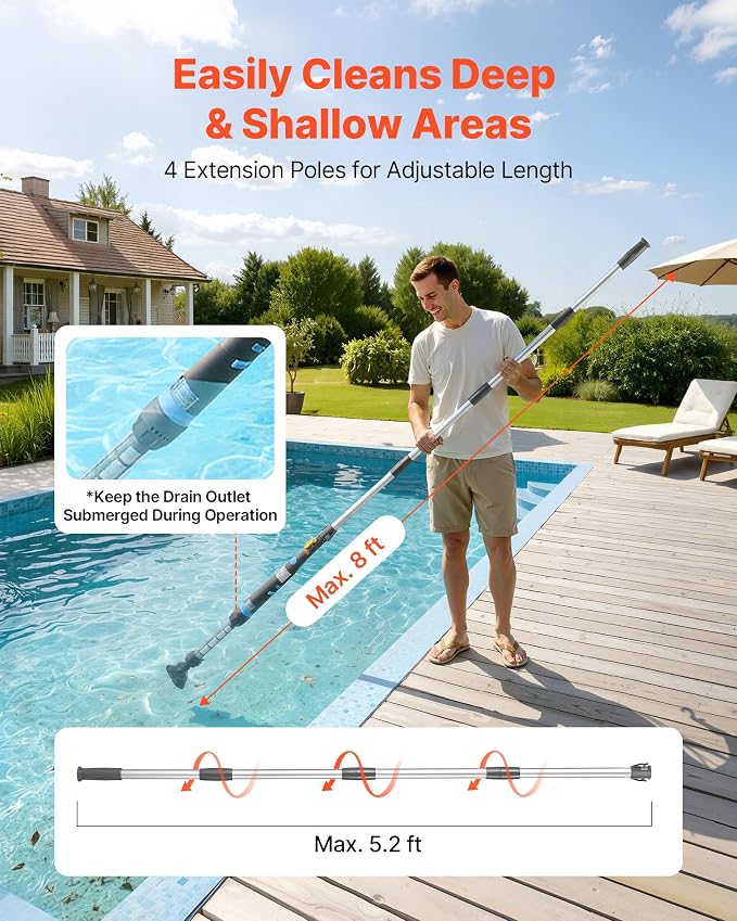 VEVOR Handheld Pool Vacuum, 8.5 GPM Cordless Spa Hot Tub Vacuum with Extension Pole and 2 Brush Heads, 60 Mins Running Time, for Small Debris, Sand, Rechargeable Pool Cleaner for Above Ground Pools