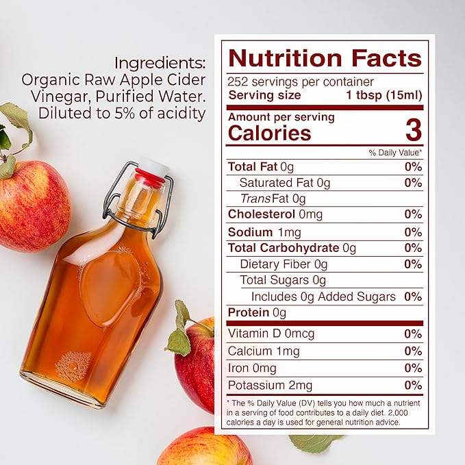 Kevala Organic Raw Apple Cider Vinegar - Unfiltered and Unpasteurized Vinegar for Cooking and Beauty, Addition to Your Routine for Gut Health and Metabolism Support, Salad Dressing Ingredient, 128 oz