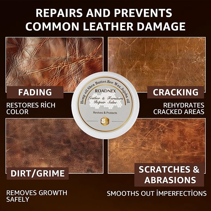 8oz Leather Repair Salve & Brush Set, Leather Cleaner and Conditioner for Furniture, Couch, Car Seats - Scratch Repair, Restore Color, UV Protection, for Leather, Vinyl & Wood