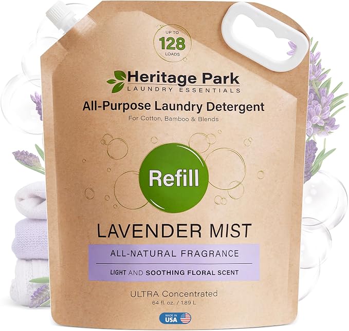 Heritage Park Luxury Laundry Detergent | Dermatologist Tested Plant based Natural & Enzyme Laundry Detergent | Sensitive Skin Friendly - Lavender Mist (64 fl oz Refill)