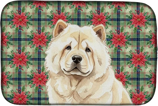 Caroline's Treasures Cream Chow Chow Christmas PoinsettIas Dish Drying Mat Absorbent Dish Drying Mat Pad for Kitchen Counter Dish Drainer Mat for Countertop, 14 x 21", Multicolor