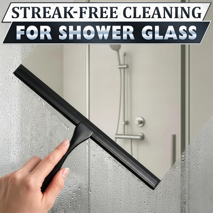 Shower Door Squeegee with Hook - 12" Silicone Blade, Stainless Steel Black Squeegee for Shower Glass with Adhesive Mount - All-Purpose Bathroom Tile, Mirror, & Window Wiper for Streak-Free Cleaning