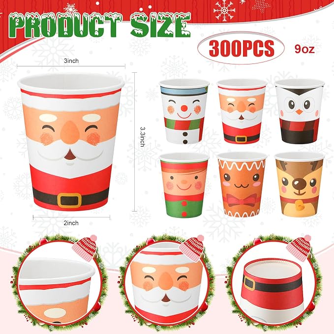 Yaomiao 300 Pcs 9 oz Christmas Paper Cups Elf Snowman Santa Elk Disposable Christmas Hot Cocoa Coffee Cups Bulk for Hot Cocoa Chocolate Beverage Bar for Xmas Holiday Party Supplies