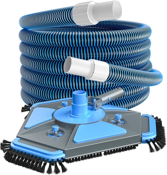 Professional Pool Vacuum Head and Hose, 360° Swivel Cuff 1-1/2" x 30 Ft Heavy Duty Flexible Vacuum Hoses, Weighted Manual Triangular Head with Bottom Brush for Inground & Above Ground Pool(No Pole)