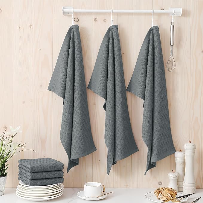 Homaxy 100% Cotton Terry Kitchen Towels(15" x 25", 4 Pack), Soft and Super Absorbent Dish Towels, 380 GSM Reusable Tea Towel with Hanging Loop, Pineapple Grid Designed, Dark Grey