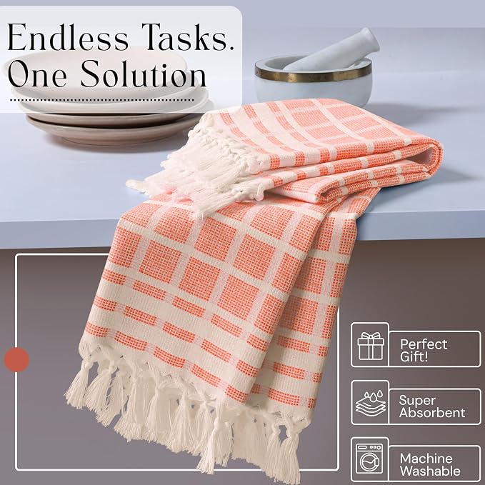 Matrix Dobby Kitchen Towels Set of 12, 100% Cotton, Combo Pack, 16"x26", Absorbent Tea Towels with Handmade Tassels, Reusable Cleaning Cloths - Orange, Mint Green, Sky Blue
