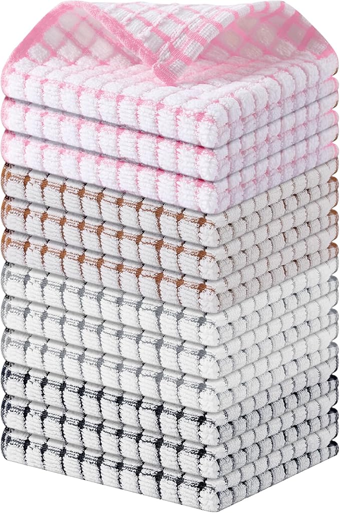 Kitinjoy Cotton 12 Pack Terry Kitchen Dish Cloths, 12 x 12 Inches Super Soft and Absorbent Dish Rags, Quick Drying Dish Towels for Washing Dishes, Mix Color