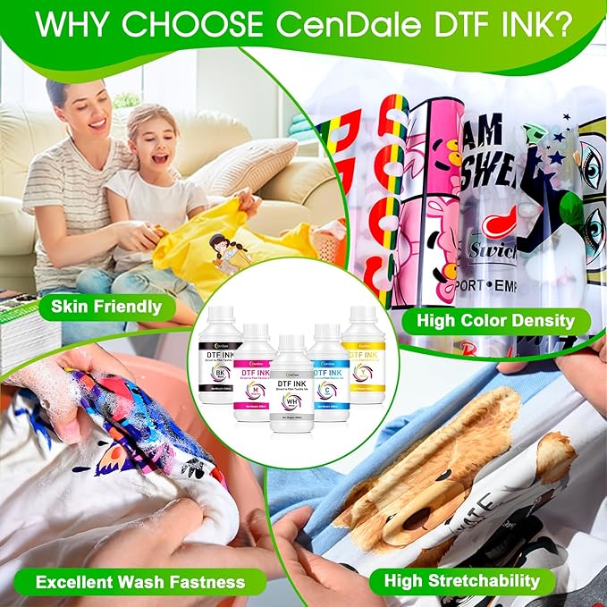 CenDale Premium DTF Ink 3000ML - DTF Transfer Ink for PET Film, Refill DTF Ink for Epson ET-8550, L1800, L800, XP15000, R2400, P400, P800, Heat Transfer Printing Ink Direct to Film (500ml x 6, CMYK W
