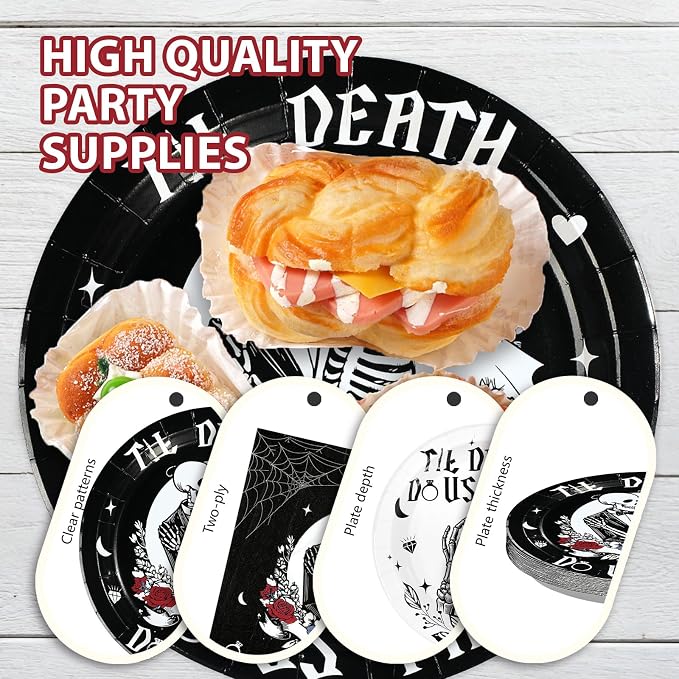 96Pcs Till Death Party Decorations Till Death Do Us Gothic Bachelorette Paper Plates and Napkins Bride or Die Decorations for Gothic Wedding Bachelorette Romantic Skeleton Party Supplies Serves 24