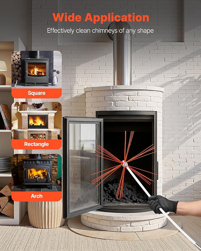 VEVOR Chimney Sweep Kit, 26 ft Maximum Extendable Length Chimney Brush, Chimneys Cleaning Kit with Bristle Replacements & Goggles, 90° Bendable Fireplace Cleaning Tool, for Square, Rectangle Chimneys