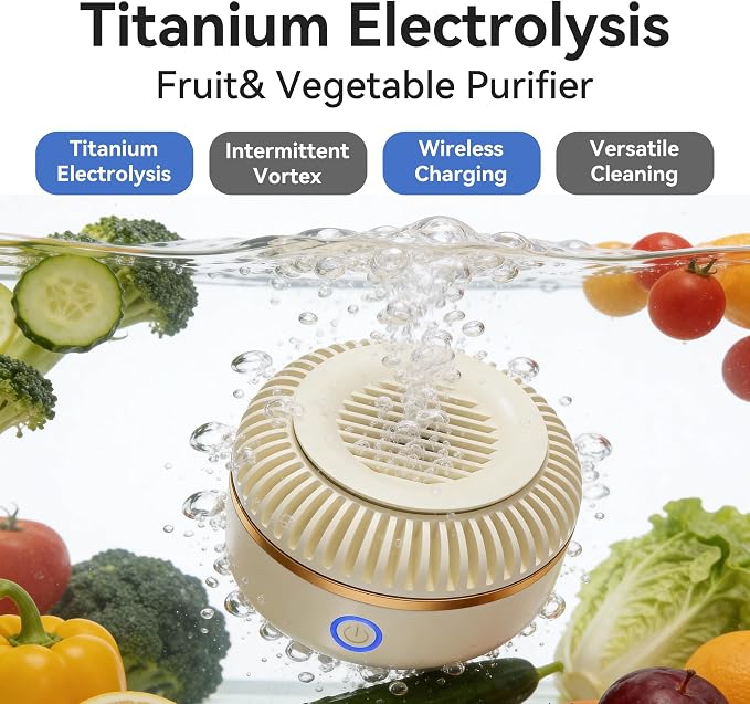 Titanium Electrolysis Vegetable Cleaner, Cordless Fruit Washing Machine with Intermittent Vortex Tech, IPX7 Waterproof Food Purifier for Deep Cleaning
