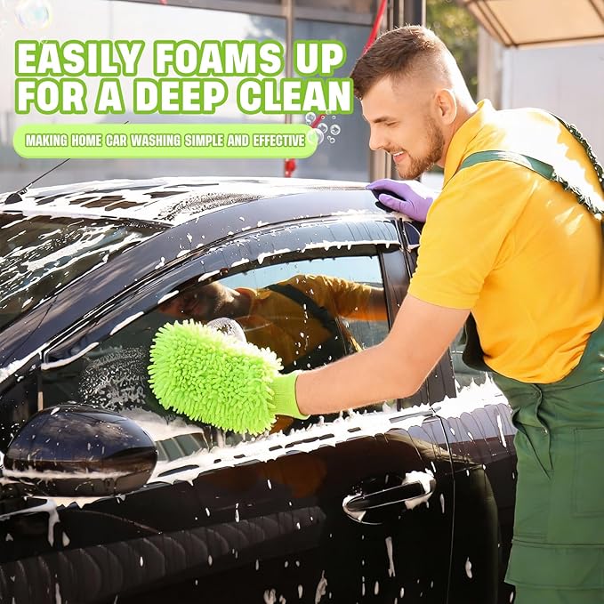 48 Pack Car Wash Mitt Bulk Microfiber, 10'' x 8'' Chenille Car Wash Mitt Gloves, Scratch Free Double Sided No Lint No Marks for Truck SUV and All Vehicle Surfaces (Lime Green)