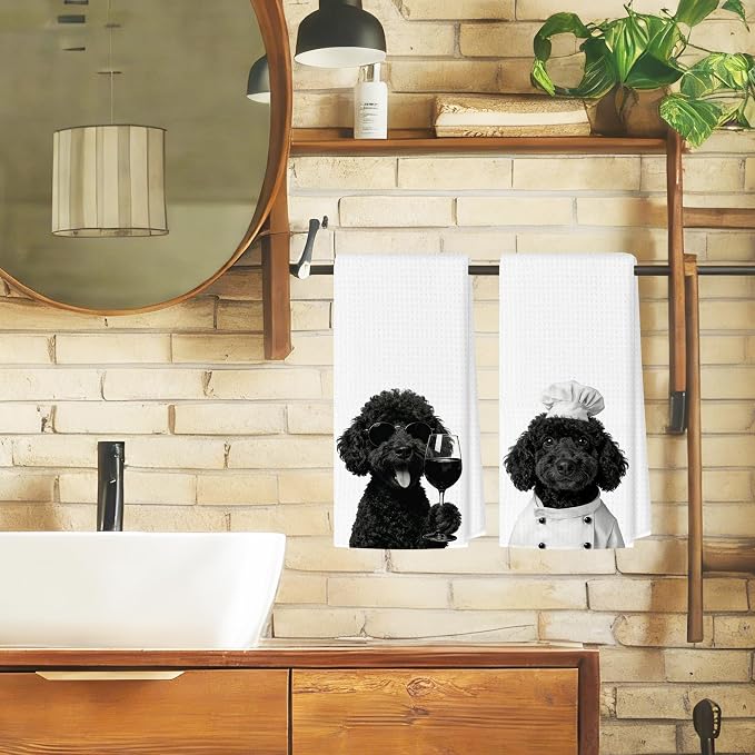 Funny Poodle Kitchen Towels Set of 2, Dog Kitchen Bar Accessories, Dog Chef Gifts for Women Decorative Hand Towels for Kitchen Decor, Poodle Lovers Dish Tea Towel, 16x24 Inch