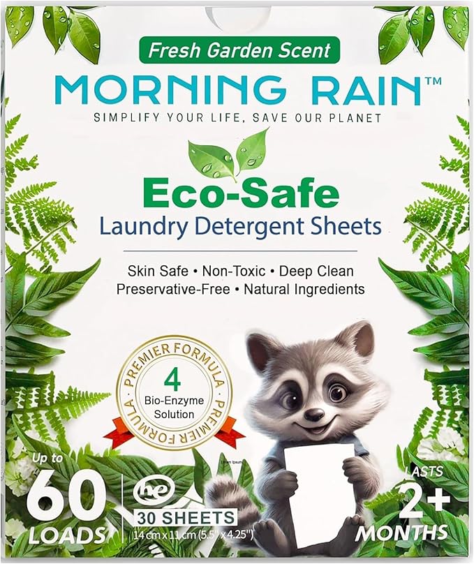 MorningRain Eco-Safe Laundry Detergent Sheets - Ingredients from Finland, Natural Scent, Bio-Enzyme Formula, Power clean, 30 Sheets (Up to 60 Loads) - Non-Toxic, Preservative-Free, Designed in USA