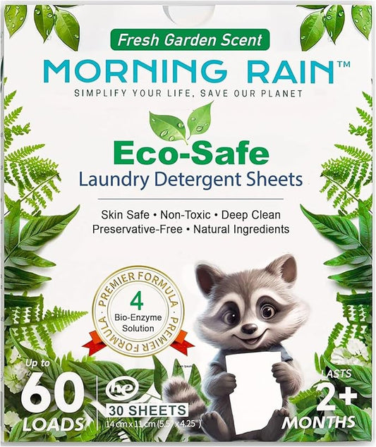 MorningRain Eco-Safe Laundry Detergent Sheets - Ingredients from Finland, Natural Scent, Bio-Enzyme Formula, Power clean, 30 Sheets (Up to 60 Loads) - Non-Toxic, Preservative-Free, Designed in USA