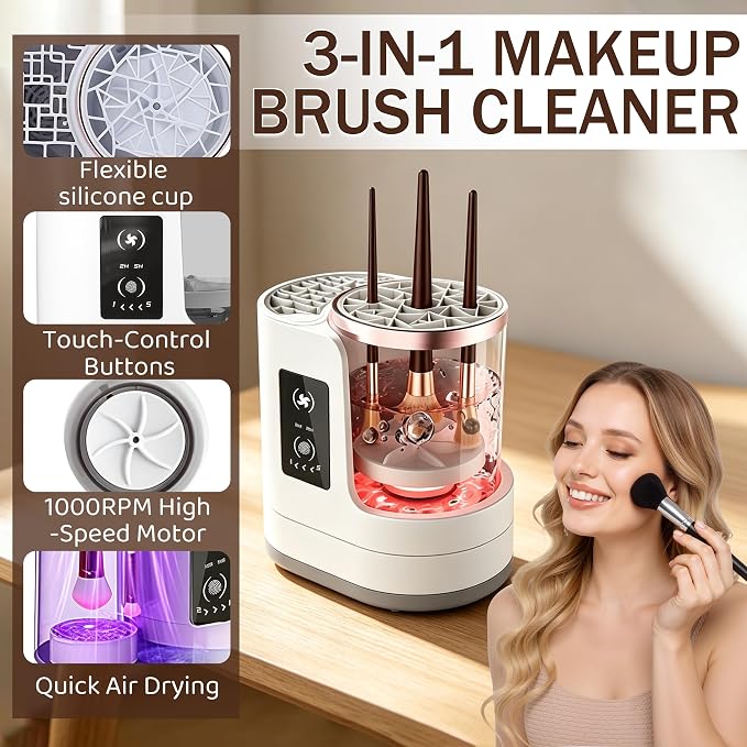 2026 Upgrade 3 in 1 Electric Makeup Brush Cleaner, Automatic Makeup Brush Cleaner Machine with Adjustable 2h/5h Dryer-Holder, Makeup Brush Washer and Dryer for All Brush Sizes, Plug in Design (A)