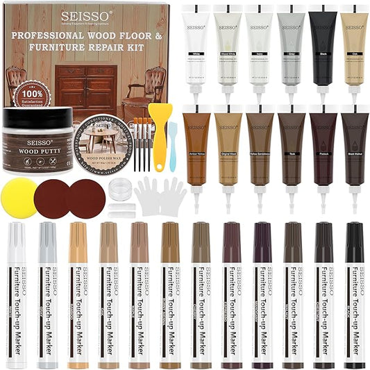 SEISSO Wood Furniture Repair Kit, 12 Colors Wood Fillers&Touch Up Markers, Wood Putty with Polish Wax, Wood Repairing Kit of Stains, Scratches, Holes, Cracks(40 PCs)
