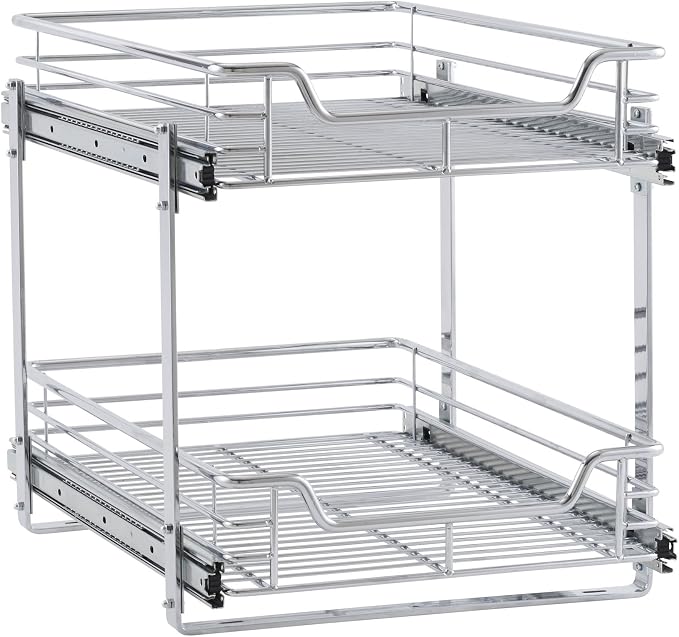 Household Essentials C21521-1 Glidez Dual 2-Tier Sliding Cabinet Organizer, 14.5" Wide, Chrome & Glidez Narrow Sliding Organizer, 7", Chrome