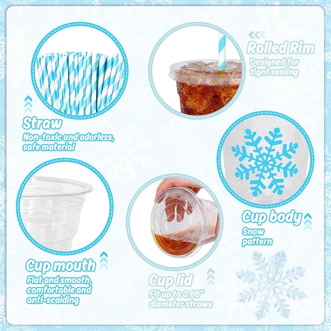 Whaline 50 Pcs Christmas Disposable Plastic Cups with Lids and Straws 12 oz Party Cups Blue Snowflake Cold Beverage Drinking Cups for Winter Xmas Holiday Party Supplies