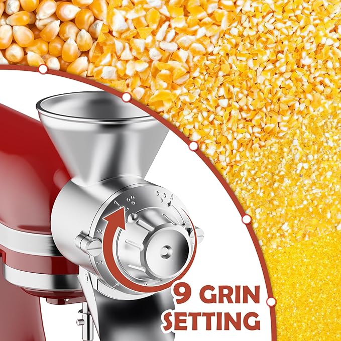 GVODE Grain Mill Attachment for Kitchenaid Stand Mixer, 9 Levels Flour Mill, Grain Mill for Flour, Fit for Non-Oily Dry Grain Corn, Coffee Bean Grinder, Oats, Millet, Wheat