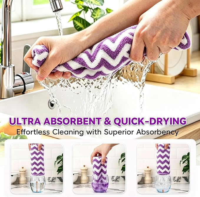 Microfiber Cleaning Cloth 6 Pack, Ultra Soft Super Absorbent Lint Free Dish Towels with Hanging Loop, 13.5x29 Inch Purple Reusable Kitchen Towels for Kitchen, Window, Car, Household