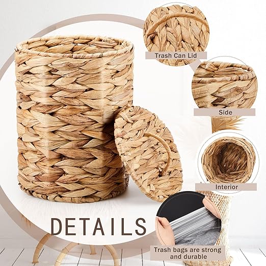 Ctosree 3.8 Gallons Large Wicker Trash Can with Lid Handle Woven Wicker Rattan Bathroom Waste Basket Boho Trash Basket with 100 Plastic Garbage Bags for Bedroom Office Laundry (Classic Style, Nautral)