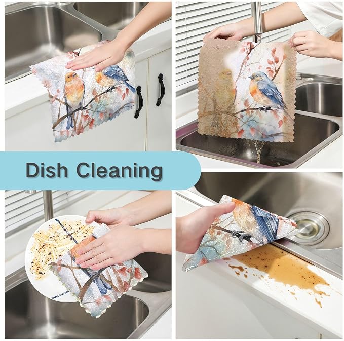 ALAZA Dish Towels Kitchen Cleaning Cloths Birds on Branch Dish Cloths Absorbent Kitchen Towels Lint Free Bar Tea Soft Towel Kitchen Accessories Set of 6,11"x11"