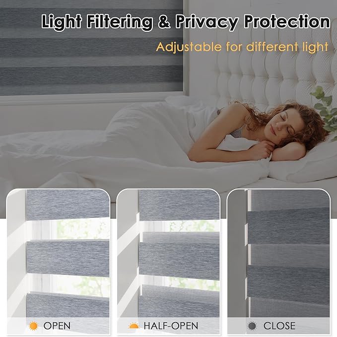LazBlinds Cordless Zebra Blinds for Windows 21.5"x72", Grey - Linen | Free-Stop Roller Windows Shades with Cassette, Light Filtering Dual Layer Sheer Shades for Home and Office