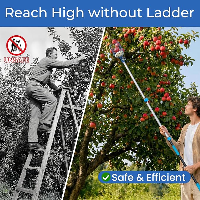 MAVRIZ 5-12ft Fruit Picker Pole with Basket, 20FT Reach Telescoping Apple Picker Extension Pole, Fruit Grabber for Harvesting Mango, Orange, Lemon, Avocado, Pear - Sturdy Aluminum Fruit Tree Picker