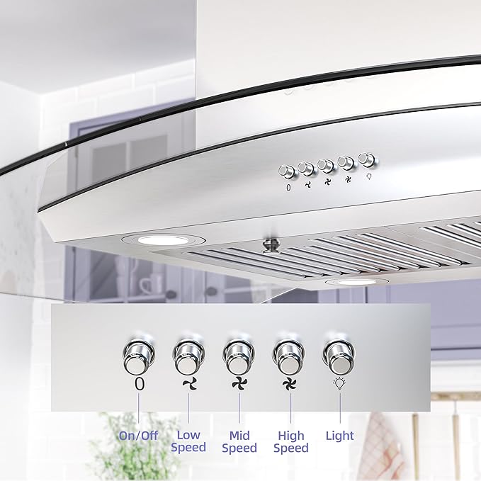 FIREGAS Island Range Hood 36 inch, 700 CFM Ceiling Mount Kitchen Vent Hood Ducted/Ductless Convertible,3 Speed Fan，4 Lights,Permanent Baffle Filters Stainless Steel Stove Hood