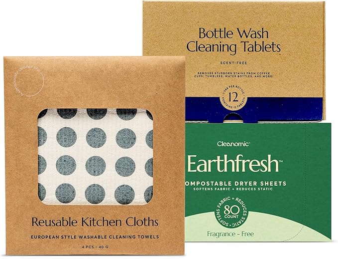 CLEANOMIC Reusable Kitchen Cloth, Bottle Wash Cleaner & Fabric Softener Sheets Bundle