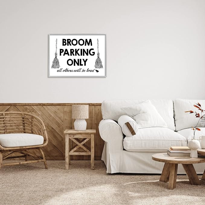 'Broom Parking Witty Halloween Witch Phrase'| Framed Giclee Art | Stupell Industries | Gray, 30 x 24 Inches, Easy to Hang and Sturdy, Made in USA, by Lettered and Lined