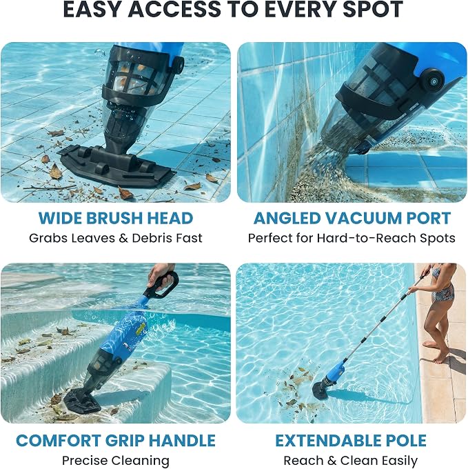 Handheld Pool Vacuum for Above Ground Pool, 18 GPM Powerful Suction, 60 min Runtime, 120μm Fine Filter, 4-Section Pole, Pool Cleaner for Leaves, Sand and Debris, Ocean Blue