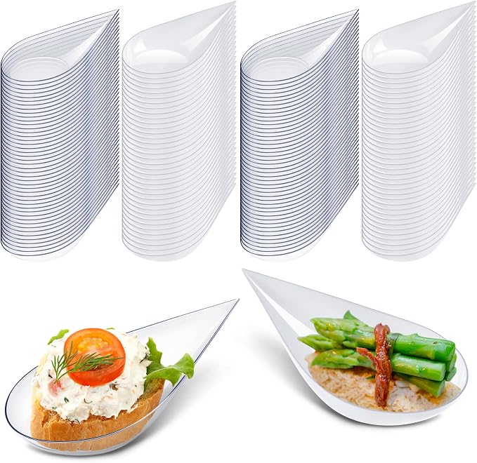 Tessco for you 200 Pcs 4" Tear Drop Appetizer Spoons Mini Appetizer Plates Reusable Tasting Spoons Plates Catering Supplies Disposable for Serving Small Desserts Cakes Bowls (White,Clear)