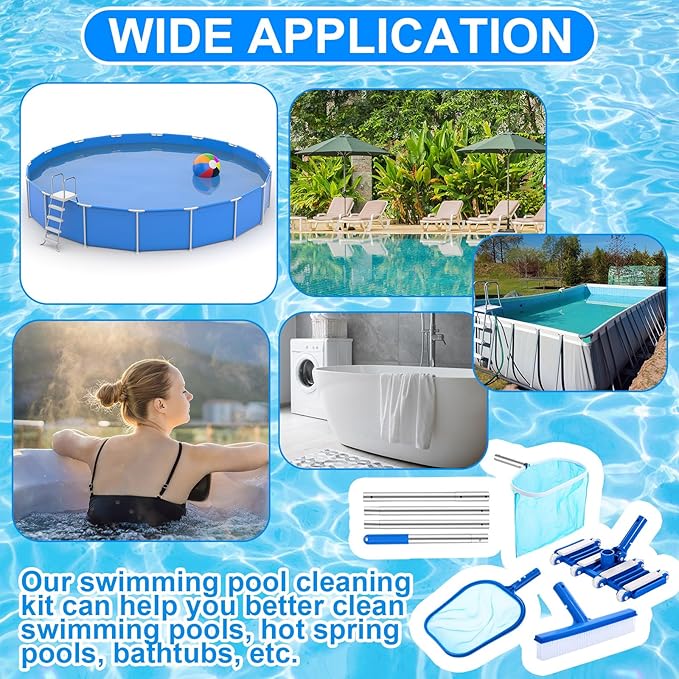 Tioncy 5 Pcs Pool Vacuum Cleaning Kit Includes Right Corner Pool Vacuum, 2 Skimmer Nets with 47" Adjustable Pole and 1 Brush for Above Ground Ponds Hot Tub Spa Wall Floor Cleaning Maintenance