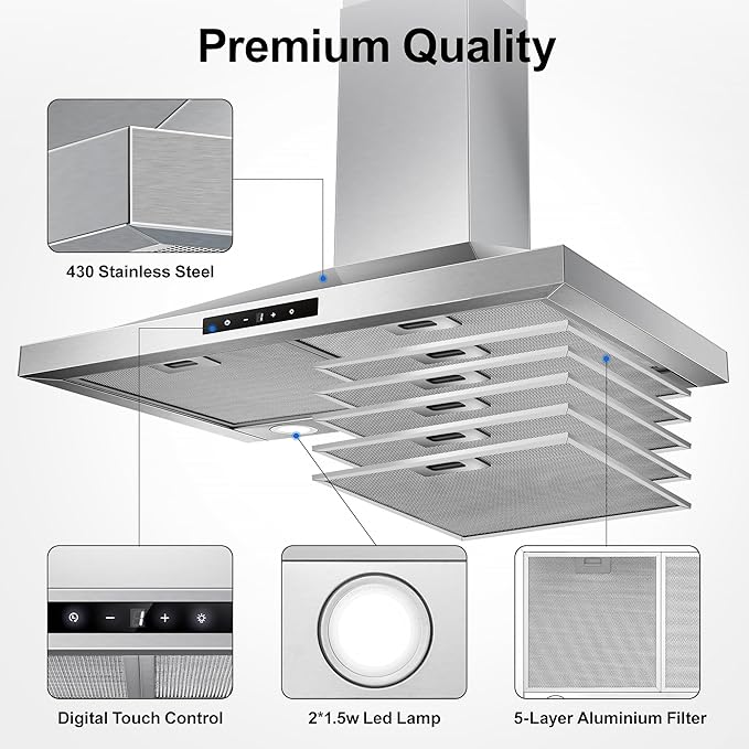 Tieasy Range Hood 30 inch Wall Mount, Kitchen Vent Hood 450 CFM in Stainless Steel, Stove Vent Hood with Ducted Convertible Ductless, Touch Switch, LEDs Light, 3-Speed Fan, Aluminum Filters